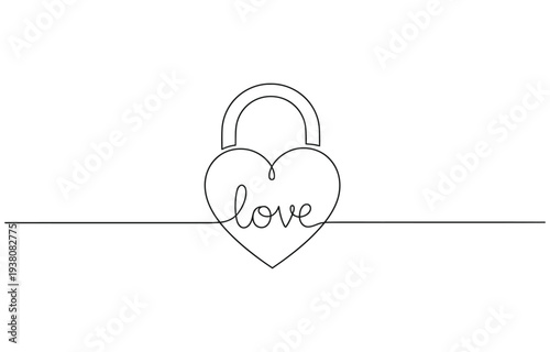 Continuous line drawing heart shaped lock. Love concept. Vector illustration.