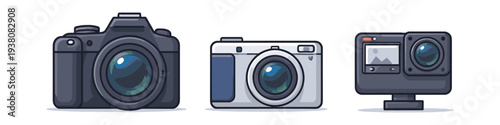 Three different types of cameras displayed side by side: DSLR, compact, and action cam
