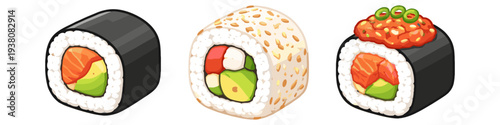 Three delicious sushi rolls with fresh ingredients, presented in a clean illustration style