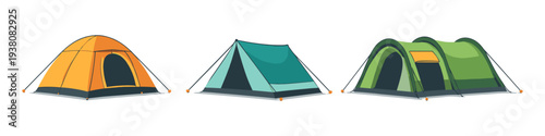 Collection of three different camping tents in various colors and styles
