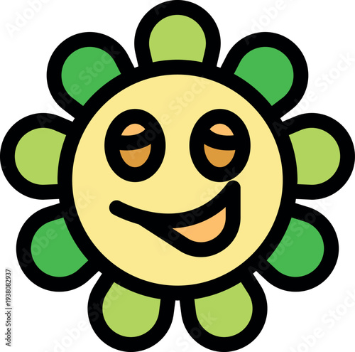 Cartoon character with petals similar to a daisy with a funny expression showing the tongue and eyes half closed