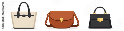 Collection of three stylish handbags in different designs and colors on a white background