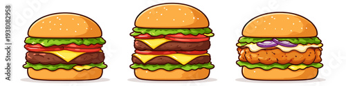 Three delicious cartoon burgers with different fillings and sizes on a white background