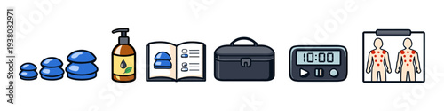 Cupping therapy set with oil, manual, timer, and treatment diagram