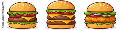 Three delicious cartoon burgers with different fillings and toppings on a white background