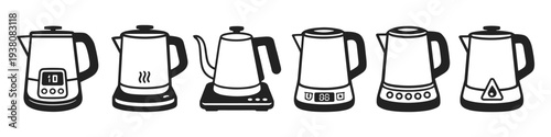 Collection of six different electric kettle icons with digital displays and various designs