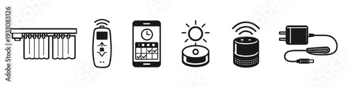 Smart home automation icons for curtains, remote, app, sun, speaker, and charger
