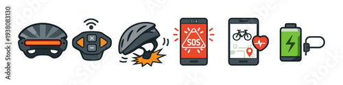Smart Bicycle Safety Gear Icons: Helmet, Remote, SOS, GPS, and Battery