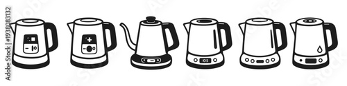 Collection of various electric kettles with digital displays and different designs