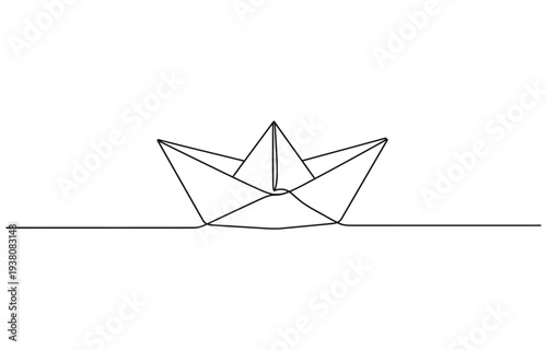 Paper boat in the sea one line art drawing, One continuous line drawing of paper boat.