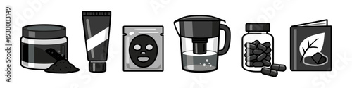 Activated charcoal products for health, beauty, and wellness in a clean illustration