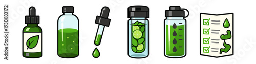 Healthy lifestyle icons: green drinks, supplements, and fitness checklist