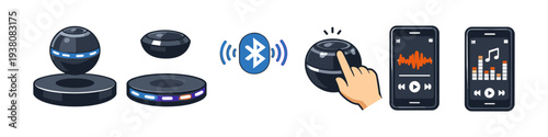 Futuristic floating speaker with Bluetooth connectivity and smartphone music control