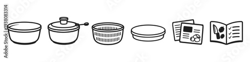 Collection of kitchen utensils and cooking instructions icons, hand-drawn style