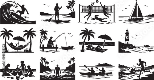 Summer Beach Activities Silhouette Collection Vector Set