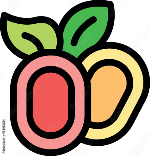 Two ripe mirabelle plums with leaves, representing freshness and taste, ideal for food and beverage industry projects