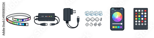 Smart LED strip light kit with controller, power adapter, clips, and remote control