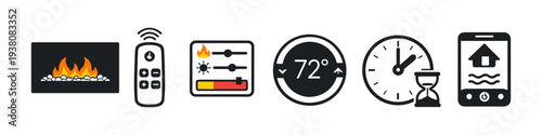 Smart home fireplace control icons: remote, thermostat, timer, and app interface