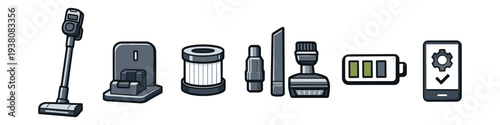 Cordless vacuum cleaner accessories and indicators for battery and settings