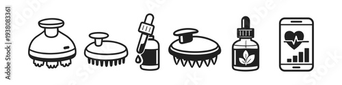 Scalp massagers, essential oil bottles, and health app icons for hair care and wellness
