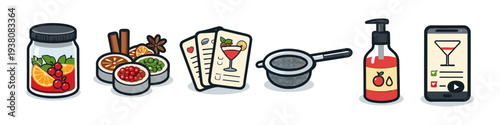 Collection of cocktail making ingredients, tools, and digital recipes on a smartphone