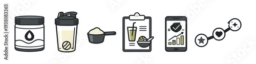 Fitness and health tracking icons including supplements, nutrition, and progress monitoring
