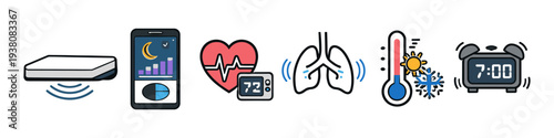 Smart health monitoring devices and app icons for sleep, heart, lungs, temperature, and alarm
