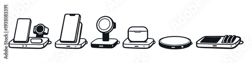 Collection of modern wireless charging devices for smartphones, smartwatches, and earbuds