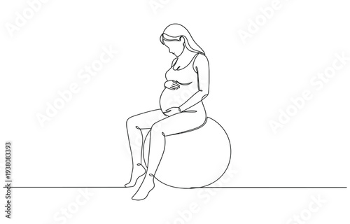 Continuous one line art drawing concept of a pregnant woman performing prenatal fitness exercises on a stability ball.