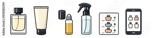Collection of cosmetic and fragrance bottles, spray, and mobile app icons
