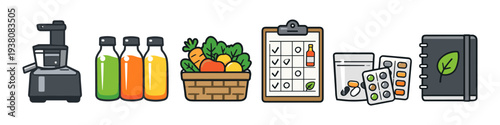 Healthy lifestyle icons: juicer, fresh juices, organic food, planner, and supplements