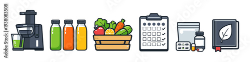 Healthy lifestyle icons including juicer, fresh produce, supplements, and planner