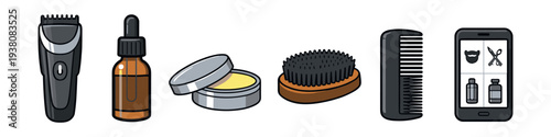 Grooming essentials for men: beard trimmer, oil, balm, brush, comb, and app