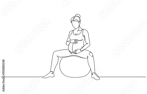 Continuous one line art drawing concept of a pregnant woman performing prenatal fitness exercises on a stability ball.