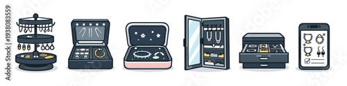 Collection of jewelry boxes and organizers for necklaces, earrings, and bracelets