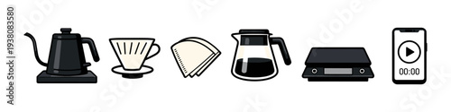 Pour over coffee brewing equipment set with digital scale and timer on phone