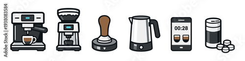 Collection of modern coffee making equipment and accessories for home baristas