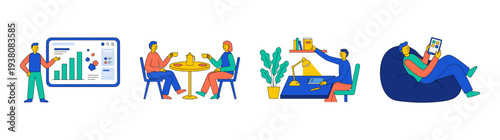 Flat Vector Hybrid Workspace Characters Graphic Set for Modern Remote Productivity and Professional Collaboration
