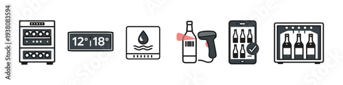 Icons representing wine cellar management, temperature control, and inventory tracking