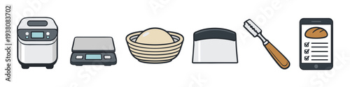 Baking tools and equipment collection for bread making and recipe management
