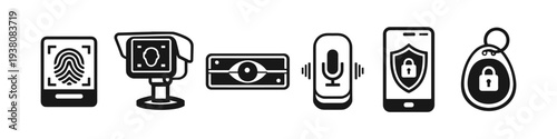 Collection of security and authentication icons including fingerprint, facial recognition, eye scan, voice, and lock
