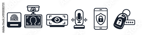 Collection of security and authentication icons including fingerprint, facial recognition, eye scan, voice, phone, and car key