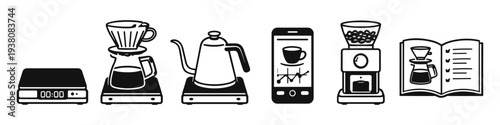 Set of icons for brewing coffee with pour over method and modern tools