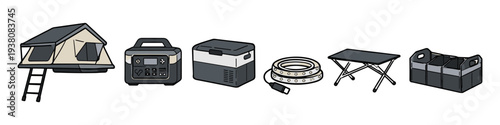 Camping gear collection including rooftop tent, power station, cooler, lights, table, and organizer