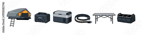 Camping gear collection: rooftop tent, power station, cooler, table, and storage organizer