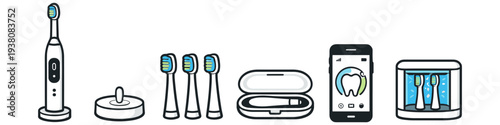 Modern electric toothbrush set with charging base, replacement heads, travel case, and app