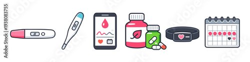 Health and wellness icons: pregnancy test, thermometer, health app, pills, fitness tracker, and calendar