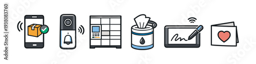 Smart home and delivery icons: doorbell, package tracking, lockers, sanitizing wipes, digital signature, and greeting card