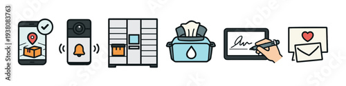 Delivery service icons: tracking, notification, locker, sanitization, signature, and mail