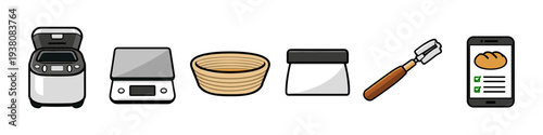 Collection of baking tools and equipment for bread making, illustrated in a simple style